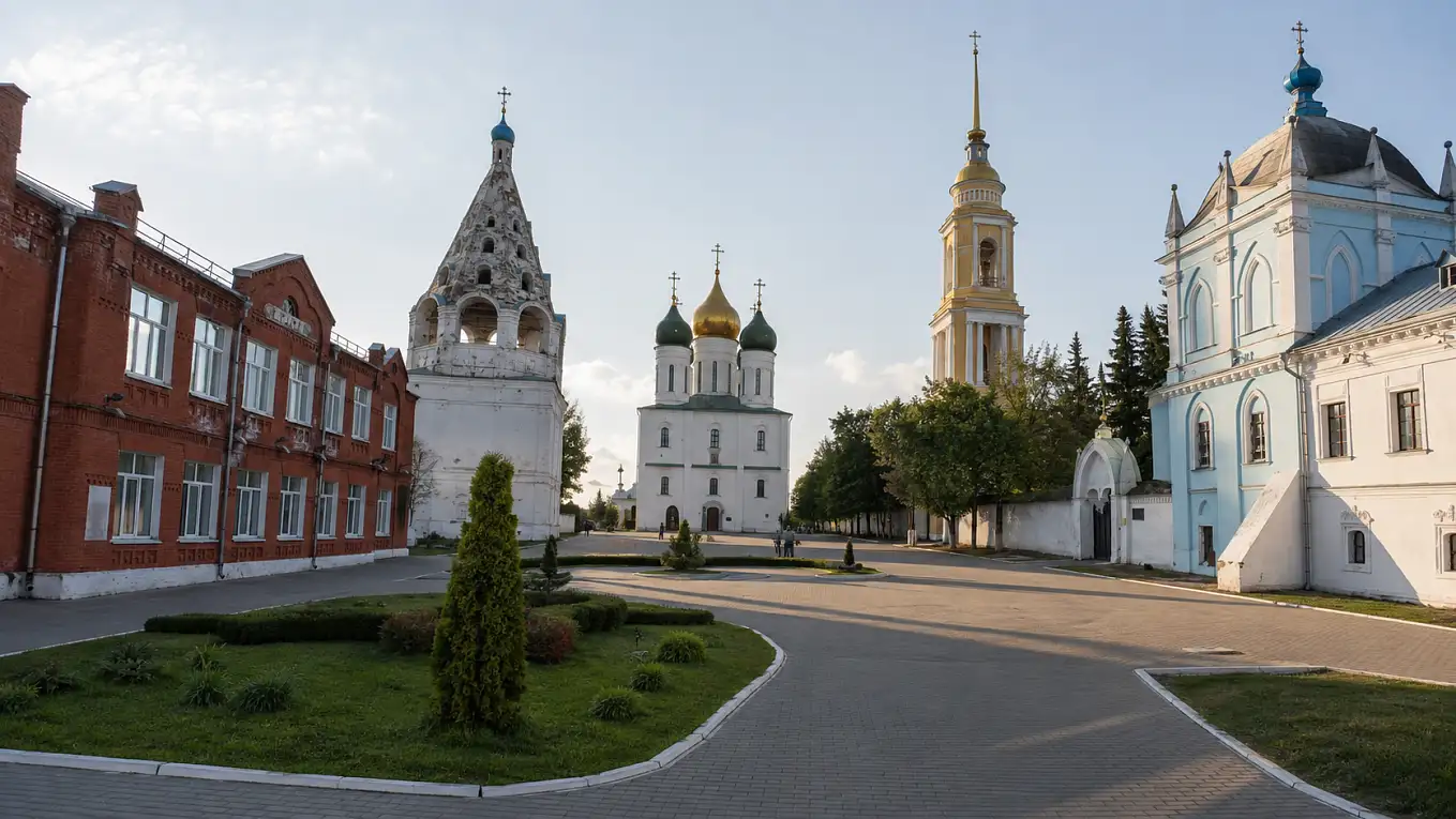 Успенский собор, шатровая колокольня и исторические корпуса вокруг открытого мощёного пространства Соборной площади