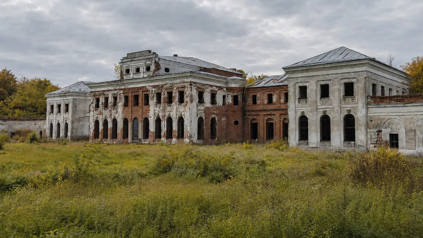 Центральный корпус дворца Чернышёвых соединён заглублёнными галереями с боковыми флигелями