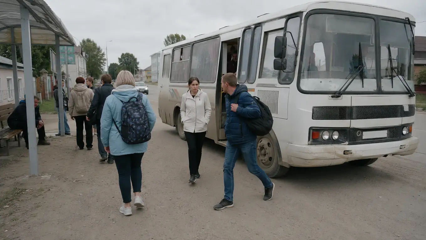 Пассажиры выходят из междугороднего автобуса в небольшом российском городе
