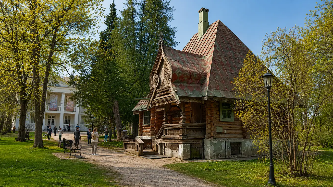 Деревянная мастерская среди деревьев музея-заповедника «Абрамцево»