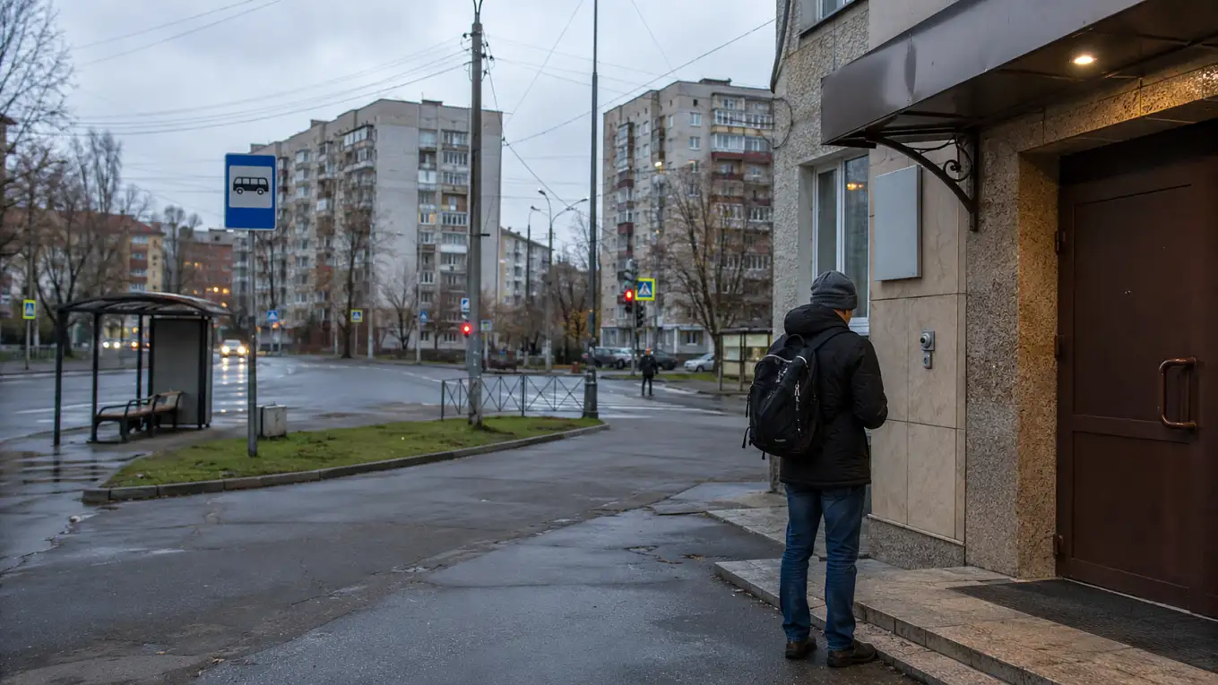 Небольшой отель, автобусная остановка и перекрёсток на обычной городской улице.