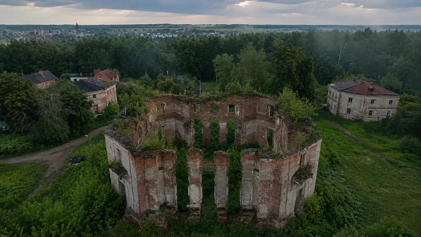 Аэровид на главный дом, флигели и фрагменты парка Петровского-Алабина