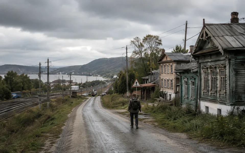 Путешественник идёт по дороге в небольшом российском городе
